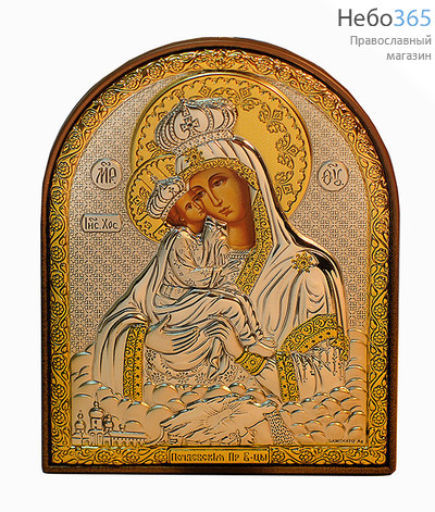  Икона в ризе (Ж) EK3-PAG 8,5х10,5, шелкография, посеребрение, позолота, на пластиковой основе Божией Матери Почаевская, фото 1 