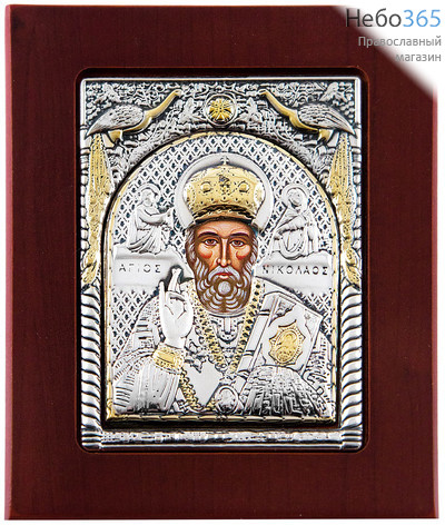  Икона в ризе 11х13, полиграфия, посеребренная, позолоченная риза, на деревянной основе святитель Николай, фото 1 