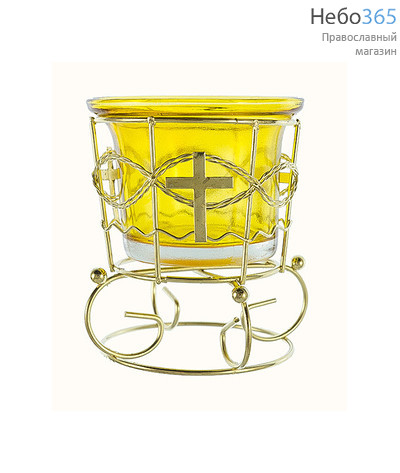  Лампада настольная металлическая Золотой ажур, с цветным стаканом, высотой 8 см, цвета в ассортименте Цвет стакана : желтый, фото 1 