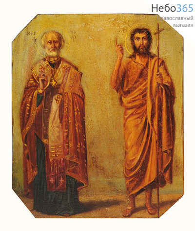 Икона писаная 14,5х17,5, Святитель Николай Чудотворец и Иоанн Креститель, 19 век, фото 1 