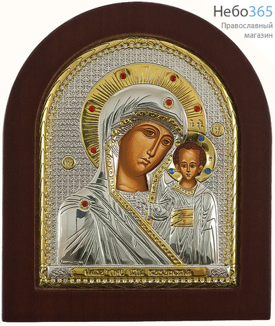  Икона в ризе (Ж) EK399-ХAG 11х13, Казанская икона Божией Матери, шелкография, серебрение, золочение, на деревянной основе, стразы, фото 1 