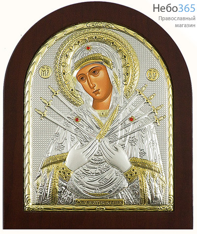  Икона в ризе (Ж) EK4-ХАG 15х19, Божией Матери Семистрельная, шелкография, серебрение, золочение, стразы, арочная, на деревянной основе, фото 1 