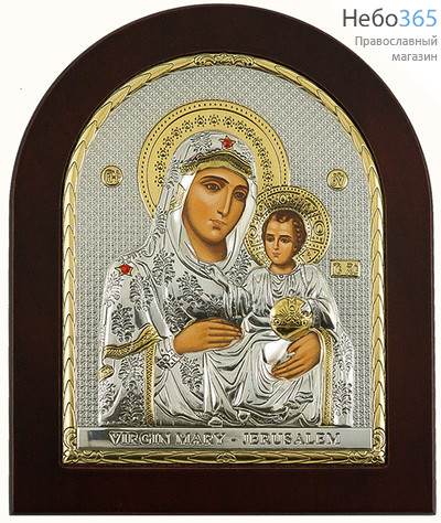  Икона в ризе EK4-ХАG 15х19, Божией Матери Иерусалимская, шелкография, серебрение, золочение, стразы, арочная, на деревянной основе, фото 1 