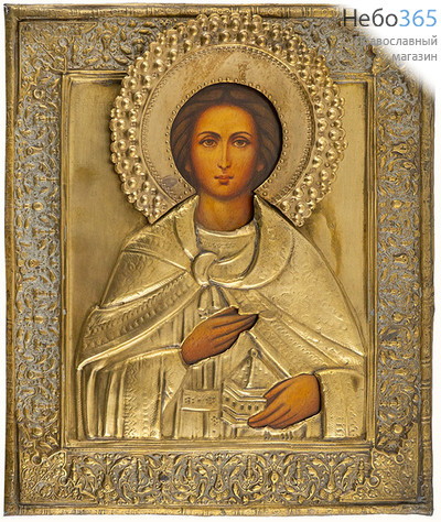  Пантелеимон, великомученик. Икона писаная 26,5х31 см, риза 19 века (Фр), фото 1 