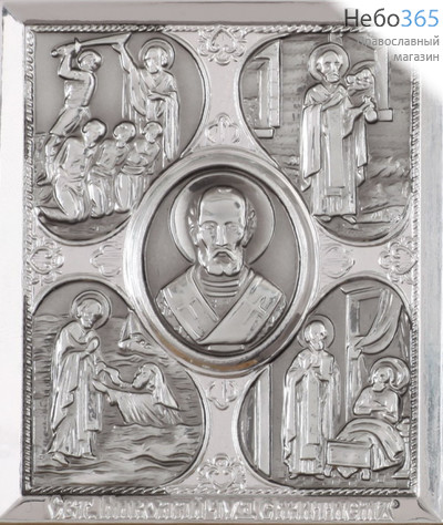  Икона в металлической рамке 6х7 риза №1 на подставке Николай Чудотворец с житием, фото 1 