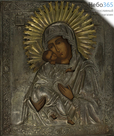  Владимирская икона Божией Матери. Икона писаная 26х35, в ризе 19 века, фото 1 
