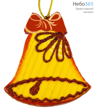  Сувенир рождественский деревянный, ёлочное украшение простое, в ассортименте, с цветной росписью (в уп.- 5 шт.), 10202 игрушка: колокольчик, фото 1 