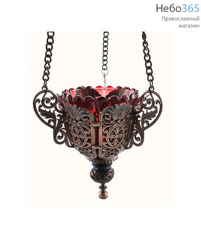  Лампада подвесная металлическая литая, ажурная, со стаканом, с покрытием под бронзу, с цепью Серафимы, высотой 15,5 см, У11147 цвет: бронза, фото 1 