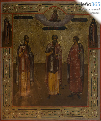  Гурий, Самон и Авив, мученики, с предстоящими. Икона писаная (Ат) 26х31, без ковчега, 19 век, фото 1 