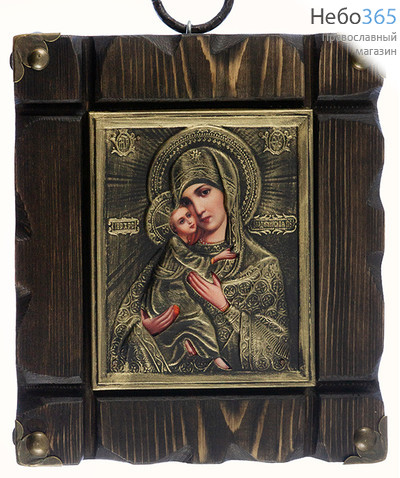  Владимирская икона Божией Матери. Икона в деревянной раме 18х20 см (размер иконы 11х13 см), печать на холсте, черненая риза с декором под бронзу (Пин) (№13), фото 1 