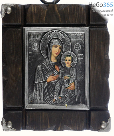  Иверская икона Божией Матери.  Икона в деревянной раме 18х20 см (размер иконы 11х13 см), печать на холсте, черненая риза с декором под серебро (Пин) (№13), фото 1 