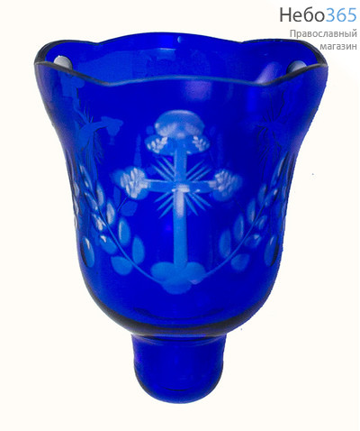  Стакан для лампад синий с конусом, объём 140 мл. Стекло, окраска, орнамент крест,листья № 11-1В, арт. 30, фото 1 