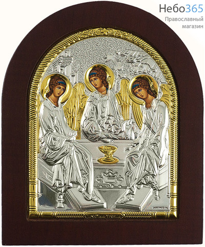  Икона в ризе EK3-ХАG 11х13, Святая Троица, шелкография, серебрение, золочение, на деревянной основе, арочная, на подставке, фото 1 