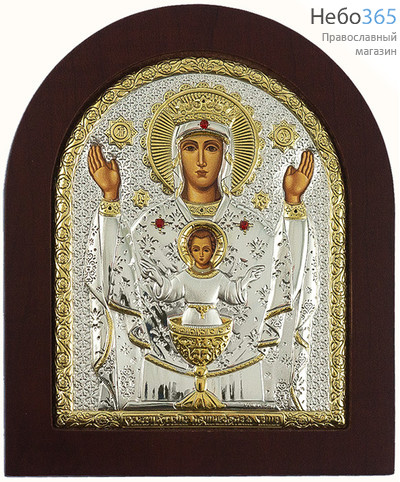  Неупиваемая Чаша икона Божией Матери. Икона 11х13 см, шелкография, в ризе с серебрением и золочением, на деревянной основе, арочная, на подставке (EK3-ХАG) (Ж), фото 1 
