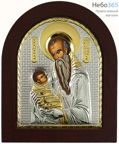  Стилиан Пафлагонский, преподобный. Икона 11х13 см, шелкография, в ризе с серебрением и золочением, на деревянной основе, арочная, на подставке (EK3-ХАG) (Ж), фото 1 