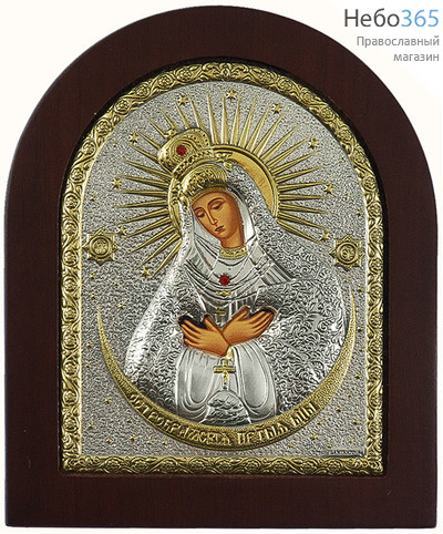 Остробрамская икона Божией Матери. Икона 11х13 см, шелкография, в ризе с серебрением и золочением, на деревянной основе, арочная, на подставке (EK3-ХАG) (Ж), фото 1 