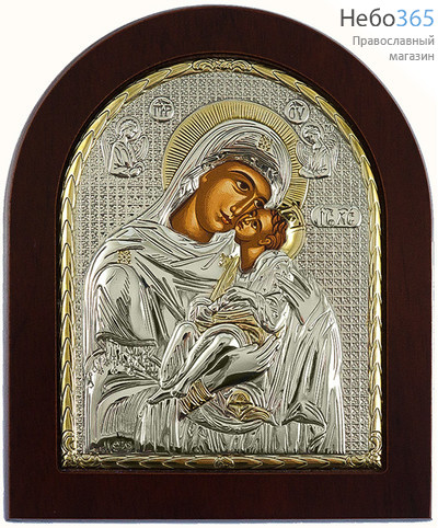  Сладкое Лобзание икона Божией Матери. Икона 11х13 см, шелкография, в ризе с серебрением и золочением, на деревянной основе, арочная, на подставке (EK3-ХАG) (Ж), фото 1 