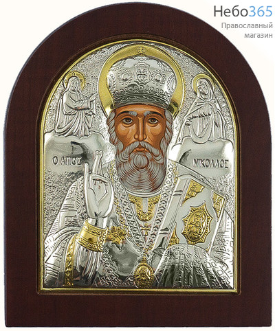  Икона в ризе (Ж) EK4-ХАG 15х19, святитель Николай Чудотворец, шелкография, серебрение, золочение, арочная, на деревянной основе, фото 1 