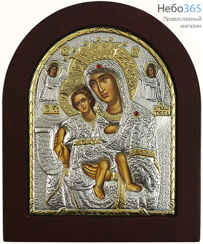  Икона в ризе (Ж) EK4-ХАG 15х19, Божией Матери Достойно Есть, шелкография, серебрение, золочение, стразы, арочная, на деревянной основе, фото 1 