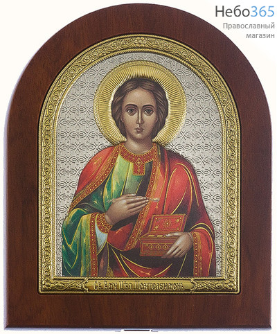  Пантелеимон, великомученик. Икона на деревянной основе 9х10 см, шелкография, в посеребренной и позолоченной открытой ризе, арочная (RS 2 DZG) (СмП), фото 1 