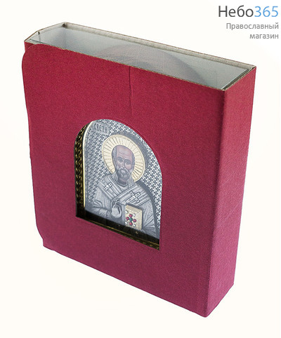  Николай Чудотворец, святитель. Икона в ризе 9х11, полиграфия, серебрение, золочение, арочная, на деревянной основе, фото 2 