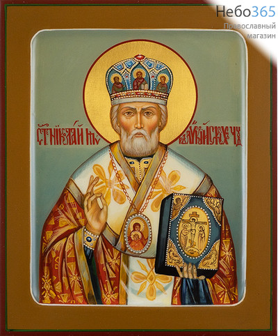  Николай Чудотворец, святитель. Икона писаная 13х16х2 см, цветной фон, золотой нимб, с ковчегом (Шун), фото 1 