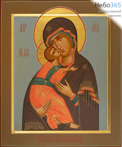  Владимирская икона Божией Матери. Икона писаная 27х31х3,8 см, цветной фон, золотые нимбы, с ковчегом (Шун), фото 1 