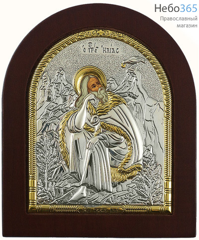  Илия, пророк. Икона 11х13 см, шелкография, в ризе с серебрением и золочением, на деревянной основе, арочная, на подставке (EK3-ХАG) (Ж), фото 1 