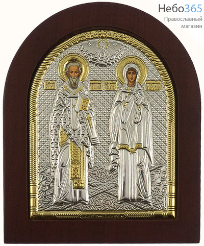  Киприан и Иустина, священномученик и мученица. Икона 11х13 см, шелкография, в ризе с серебрением и золочением, на деревянной основе, арочная, на подставке (EK3-ХАG) (Ж), фото 1 