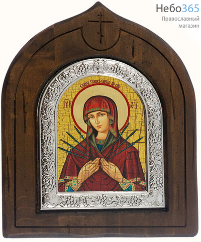  Семистрельная икона Божией Матери, 25х33х2,7 см, искусственное старение, ручная доработка, посеребренная полуриза, фигурный верх, с ковчегом (Бс) (SSil4), фото 1 