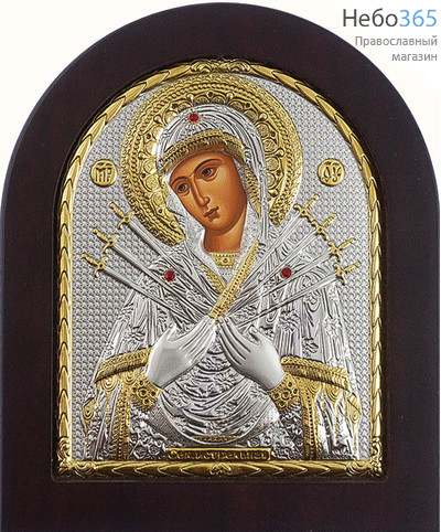  Семистрельная икона Божией Матери. Икона в ризе 11х13 см, шелкография, серебрение, золочение, на деревянной основе, арочная, на подставке (Бс) (EK3-ХАG), фото 1 