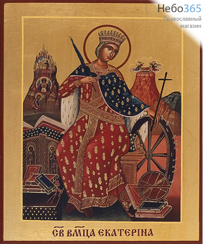  Екатерина, великомученица. Икона на дереве 13х16х2,2 см, полиграфия, золотой фон, ручная доработка, без ковчега, в коробке (Т), фото 1 