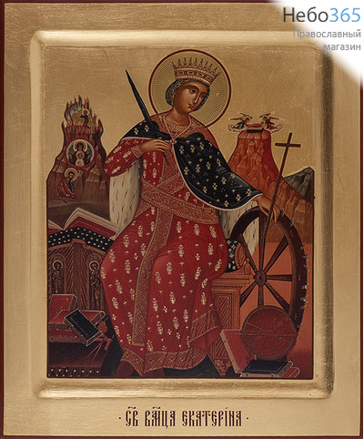  Екатерина, великомученица. Икона на дереве 21х26х3,3 см, полиграфия, золотой фон, ручная доработка, с ковчегом, в коробке (Т), фото 1 