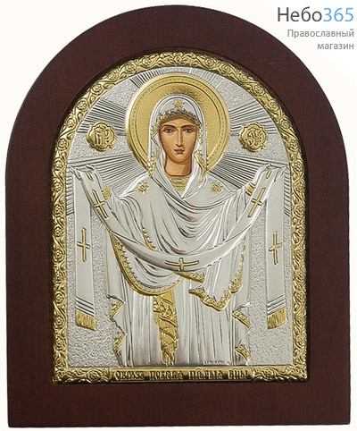  Покров Божией Матери. Икона 11х13 см, шелкография, в ризе с серебрением и золочением, на деревянной основе, арочная, на подставке (EK3-ХАG) (Ж), фото 1 