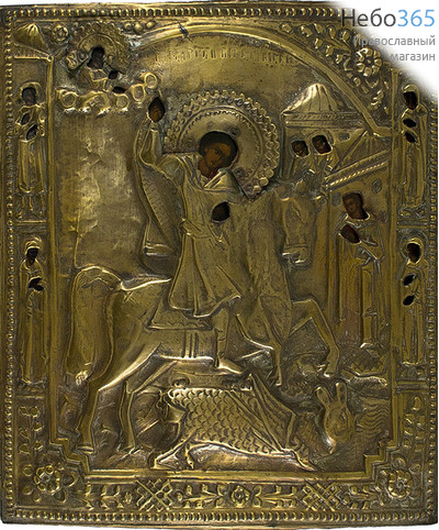  Георгий Победоносец, великомученик. Икона писаная (Кж) 26х31, с предстоящими, в ризе, 19 век, фото 1 