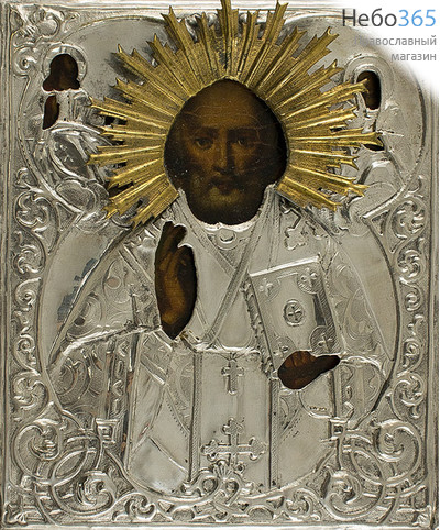  Николай Чудотворец, святитель. Икона писаная (Кж) 18х22,5, в ризе, 19 век, фото 1 