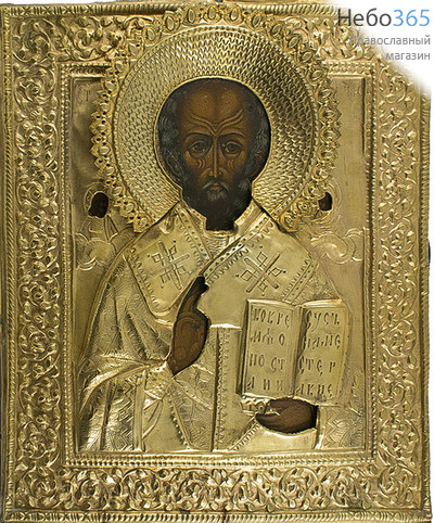  Николай Чудотворец, святитель. Икона писаная (Кж) 26х31, в ризе, 19 век, фото 1 