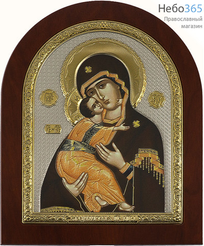  Икона в ризе RS 5 DZG, 19х24, шелкография, посеребрение, позолота, арочная, на  деревянной основе Божией Матери Владимирская, фото 1 
