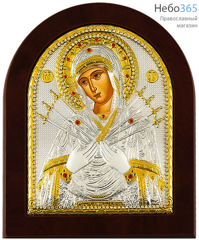  Икона в ризе EK499-ХAG 16х19, шелкография, посеребрение, позолота, на деревянной основе, со стразами, арочная икона Божией Матери Семистрельная, фото 1 