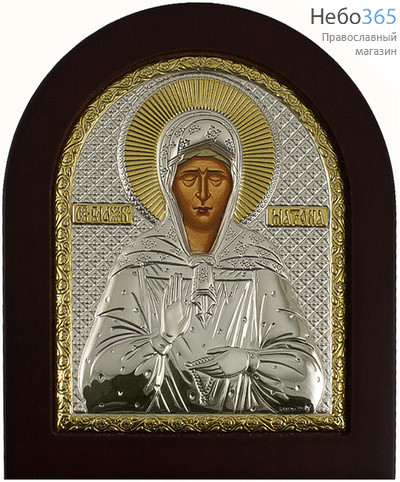  Икона в ризе (Ж) EK3-ХАG 11х13, шелкография, серебрение, золочение, на деревянной основе, арочная, на подставке Матрона Московская, блаженная, фото 1 