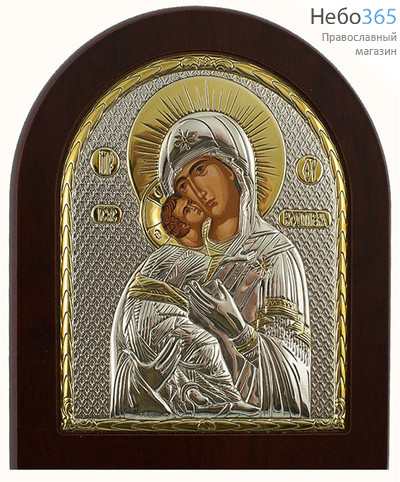  Икона в ризе (Ж) EK3-ХАG 11х13, шелкография, серебрение, золочение, на деревянной основе, арочная, на подставке Божией Матери Владимирская, фото 1 