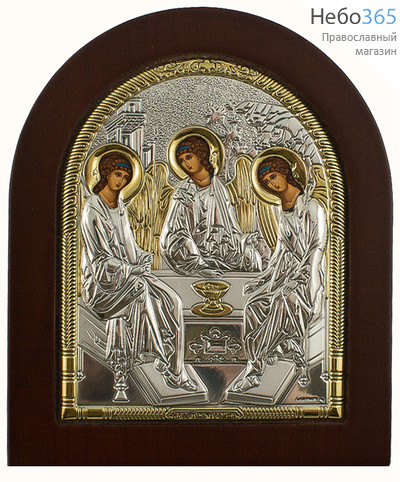  Икона в ризе (Ж) EK3-ХАG 11х13, шелкография, серебрение, золочение, на деревянной основе, арочная, на подставке Святая Троица, фото 1 