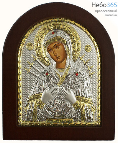  Икона в ризе (Ж) EK3-ХАG 11х13, шелкография, серебрение, золочение, на деревянной основе, арочная, на подставке Божией Матери Семистрельная, фото 1 