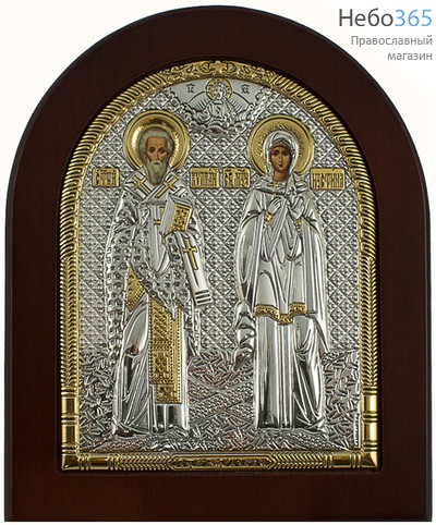  Икона в ризе (Ж) EK3-ХАG 11х13, шелкография, серебрение, золочение, на деревянной основе, арочная, на подставке Киприан, священномученик и Иустина, мученица, фото 1 