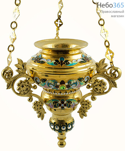  Лампада подвесная латунная "Каскад", без стакана, с эмалью со сканью, с золочением, высотой 18 см, фото 1 