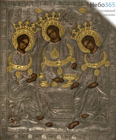  Святая Троица. Икона писаная 18х22, в ризе, серебрение, золочение, фото 1 
