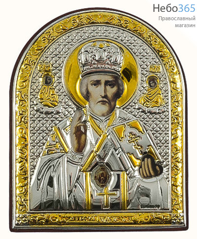  Николай Чудотворец, святитель. Икона в ризе (Л) СП-01 6,5х8, полиграфия, серебрение, золочение, арочная, на деревянной основе,, фото 1 