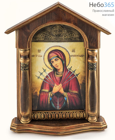  Семистрельная икона Божией Матери. Икона в деревянном киоте 36х47х8 см, печать на холсте, киот с навершием и колоннами (№120) (Пин), фото 1 
