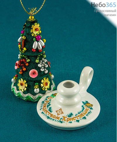  Набор рождественский из вышитой бисером елочки и керамического подсвечника., фото 1 