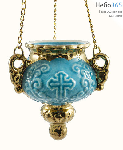  Лампада подвесная керамическая "Виктория"(Крест) , с золотом, с цепями цвет: голубой, фото 1 